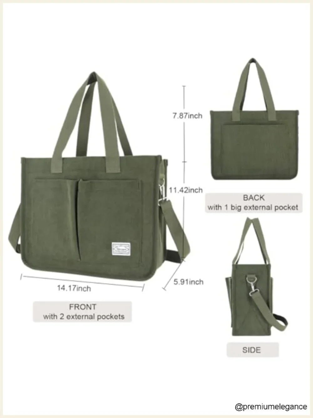 Large Corduroy Tote Bag with Pockets, Crossbody Purse for Laptop, Work, Travel,
